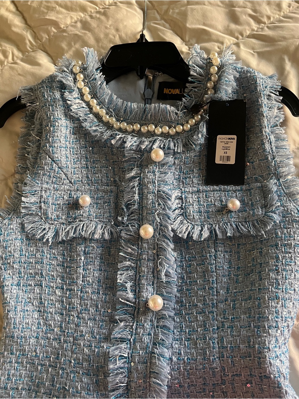 Novaluxe Light Blue Tweed Pearl-Button Shift Dress - Picture 4 of 7